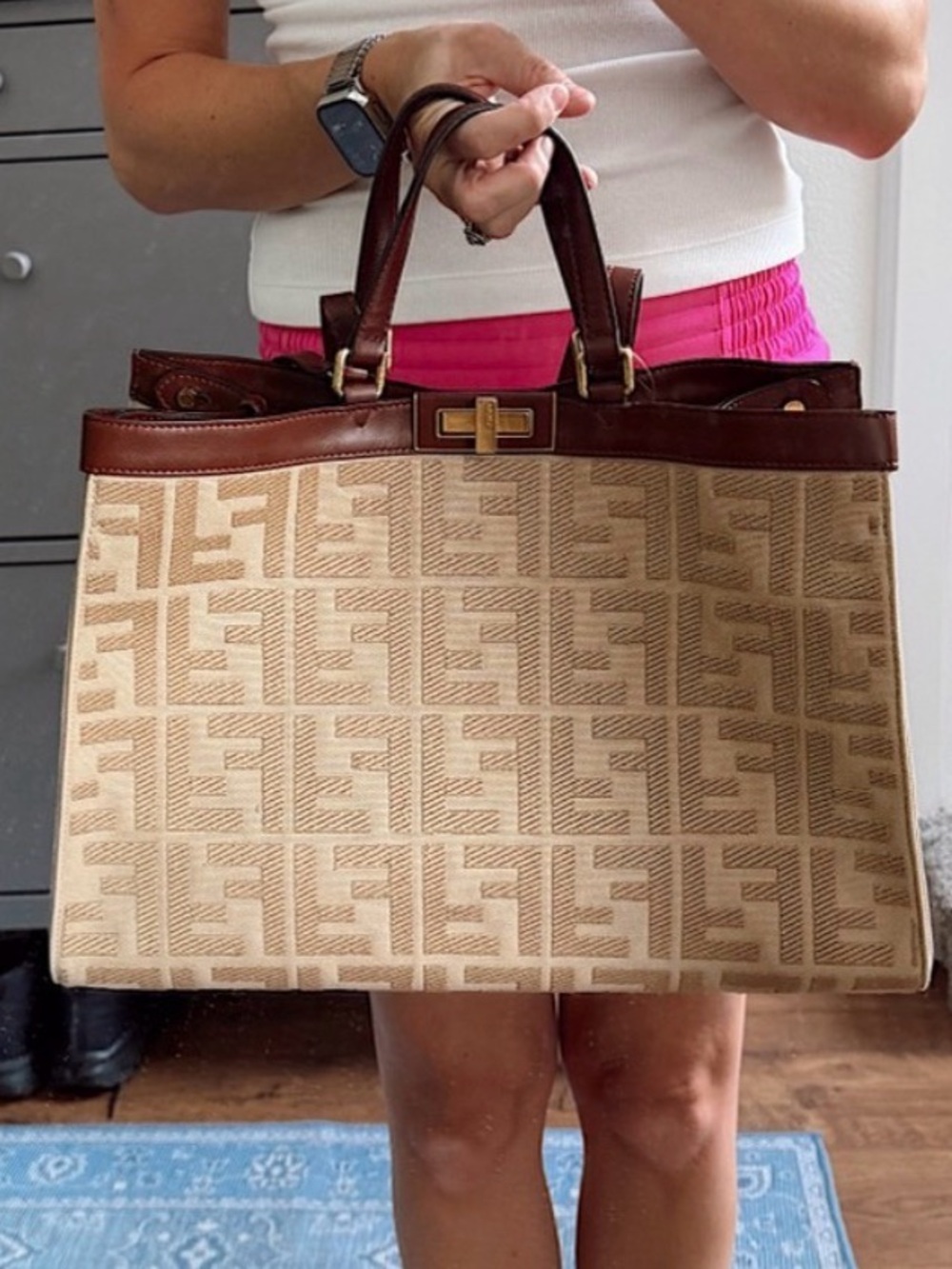 Fendi FF Peekaboo X-Lite Brown Beige Canvas and Leather Tote Shoulder Bag